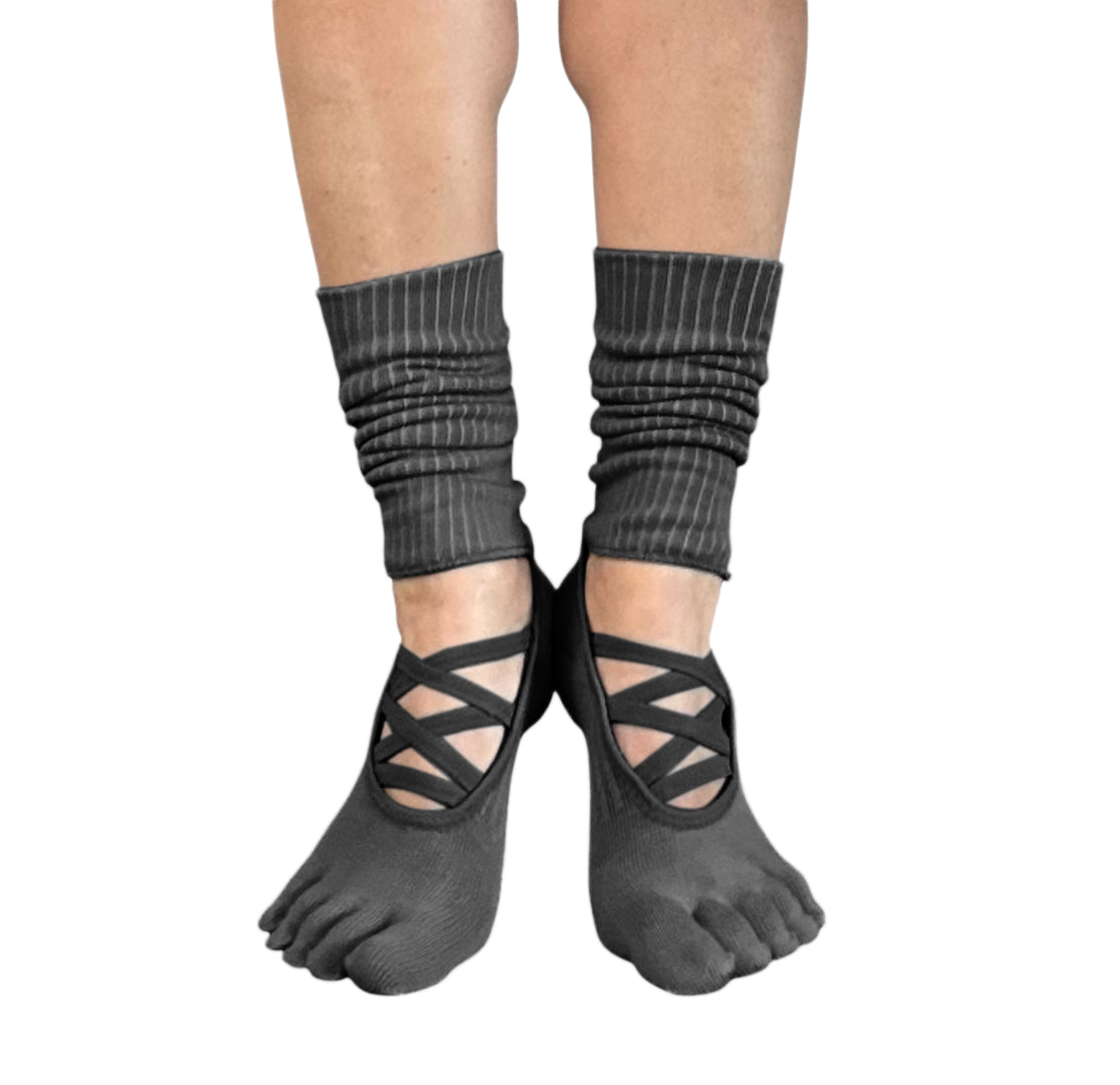 Marilyn Black 5 Toe Strappy Ankle Warmer Pilates Grip Socks