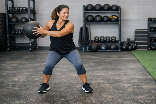 woman performing rotational exercise in a gym with a weighted ball