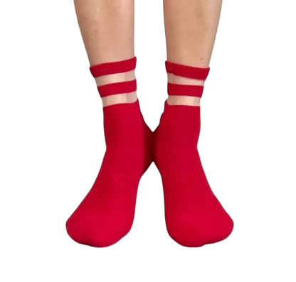 Audrey Red Mesh Crew Pilates Grip Socks