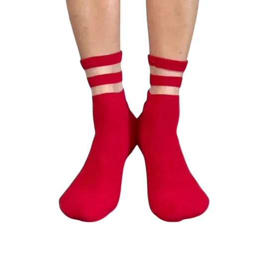Audrey Red Mesh Crew Pilates Grip Socks
