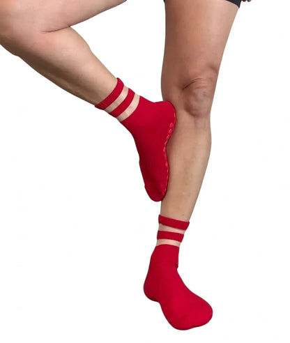 Audrey Red Mesh Crew Pilates Grip Socks