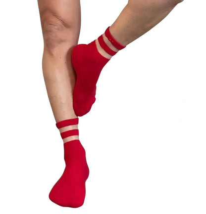 Audrey Red Mesh Crew Pilates Grip Socks