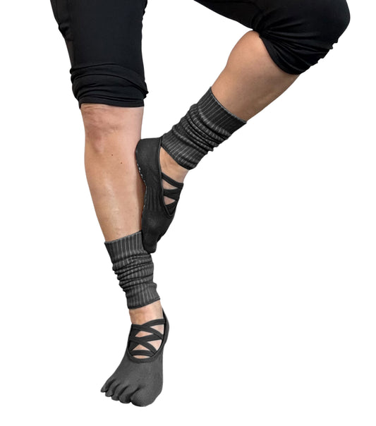 Marilyn Black 5 Toe Strappy Ankle Warmer Pilates Grip Socks