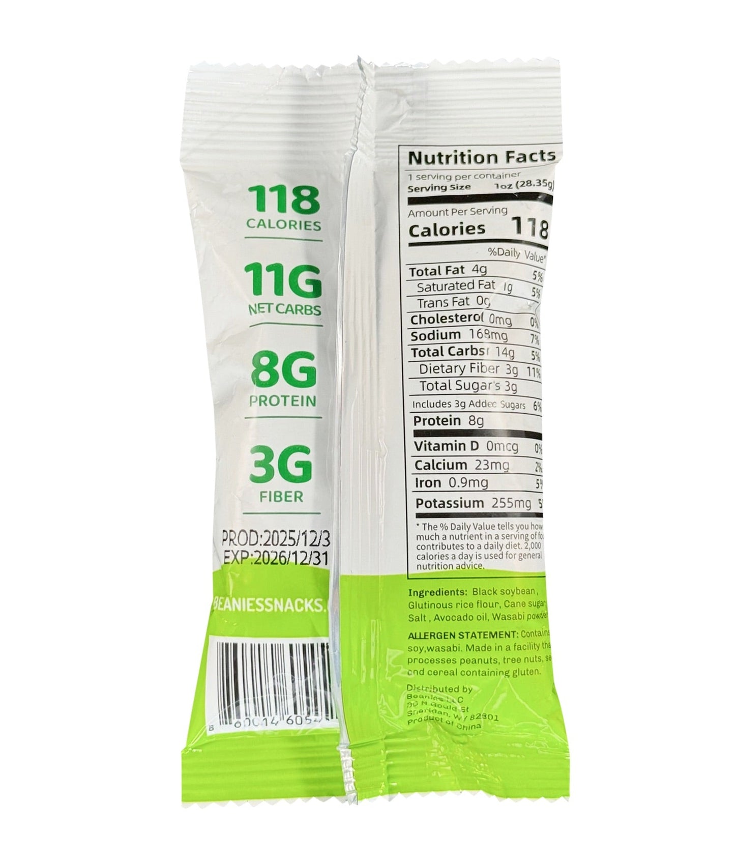 Beanies Crunchy Coated Black Soybeans Wasabi 1 oz 20 Count
